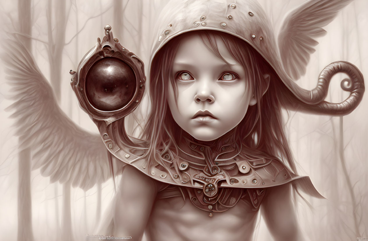 Monochrome illustration of young girl in medieval armor with angelic wings