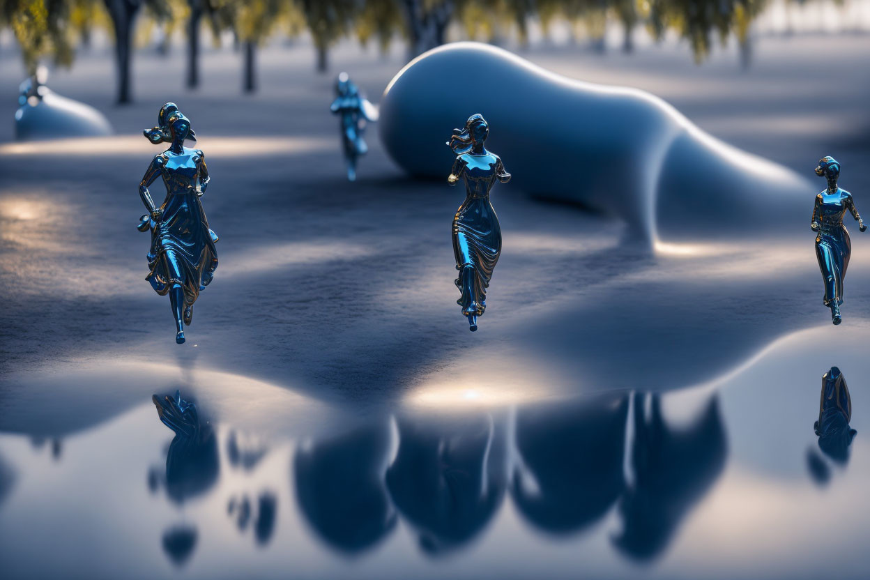 Blue androids in futuristic landscape with undulating shapes and tree silhouettes