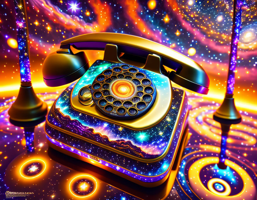 Colorful illustration: Vintage rotary phone on cosmic galaxy background