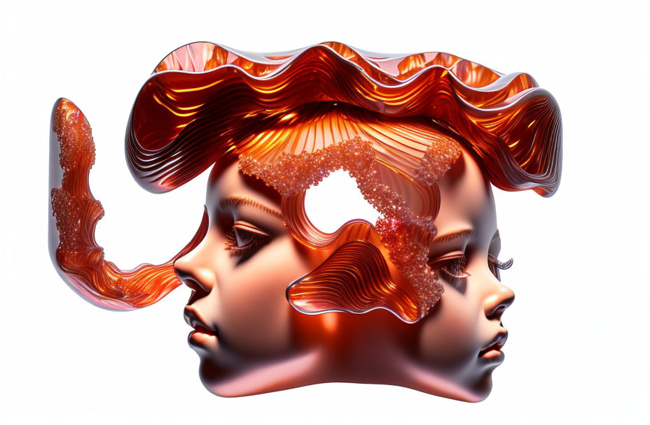 Surreal sculpture of two faces with ribbon-like hair in orange and coral