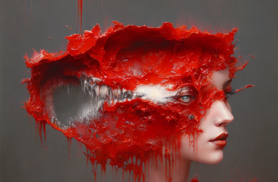 Vibrant red splash on surreal portrait face