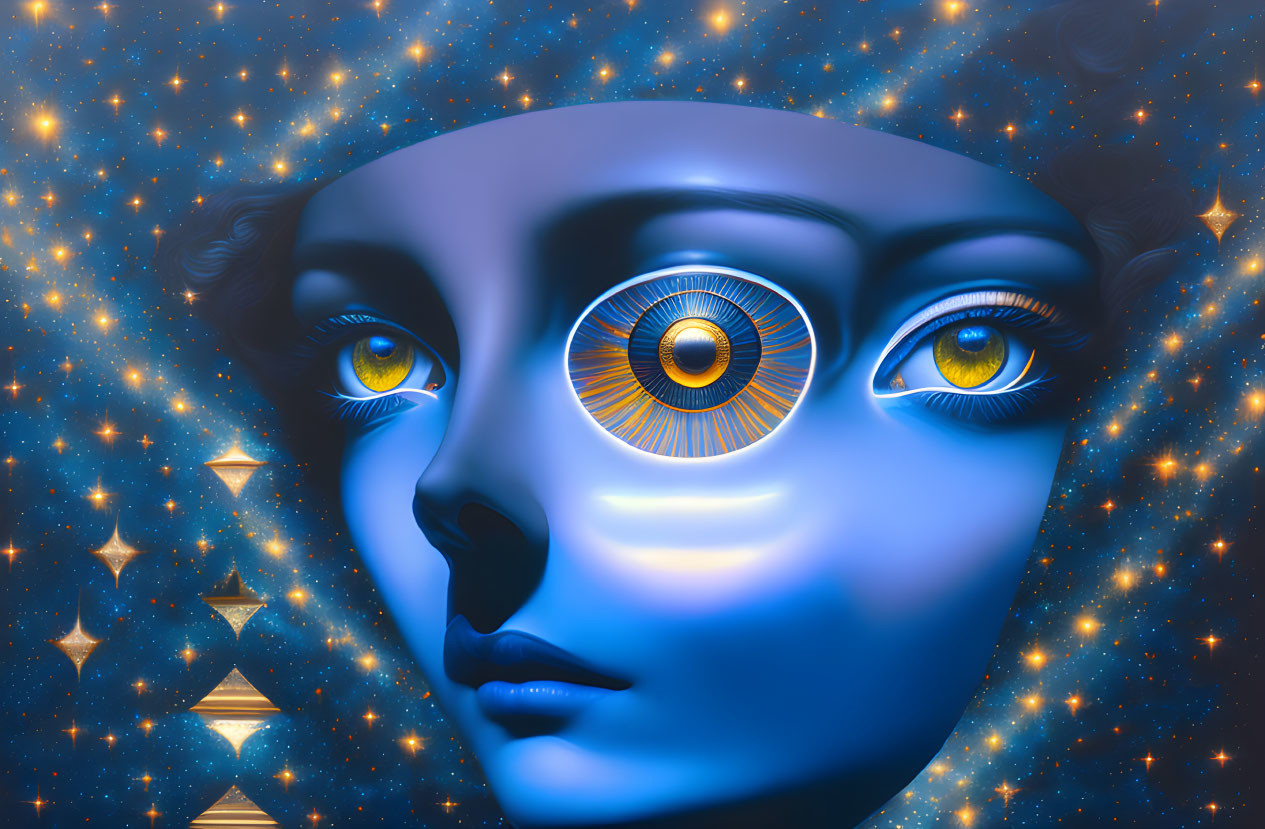 Surreal cosmic female face with radiant blue skin and celestial eyes