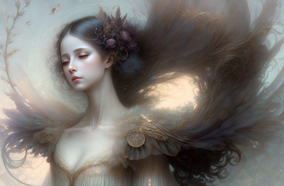 Ethereal artwork of a woman with dark hair and ornate attire