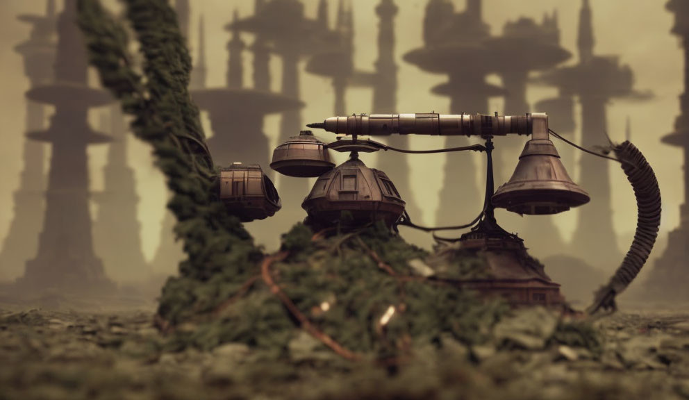 Sepia-Toned Sci-Fi Scene with Robotic Structure and Alien Architecture