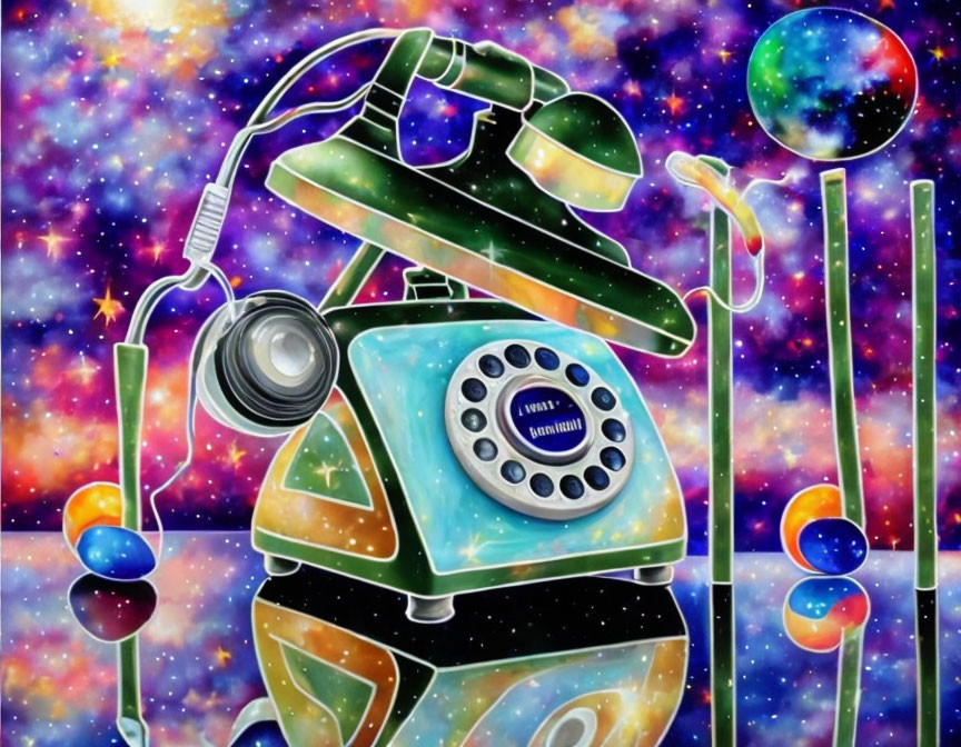 Colorful Artwork: Antique Rotary Telephone in Cosmic Setting