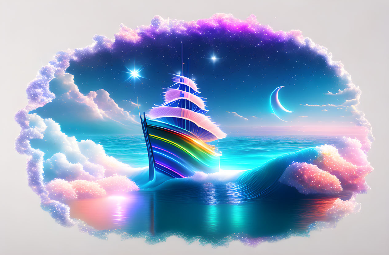 Colorful Sailboat Sailing on Fantasy Sea with Starry Sky