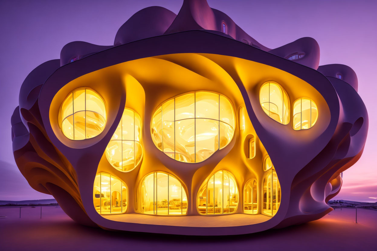 Futuristic organic blob-like architecture illuminated at twilight