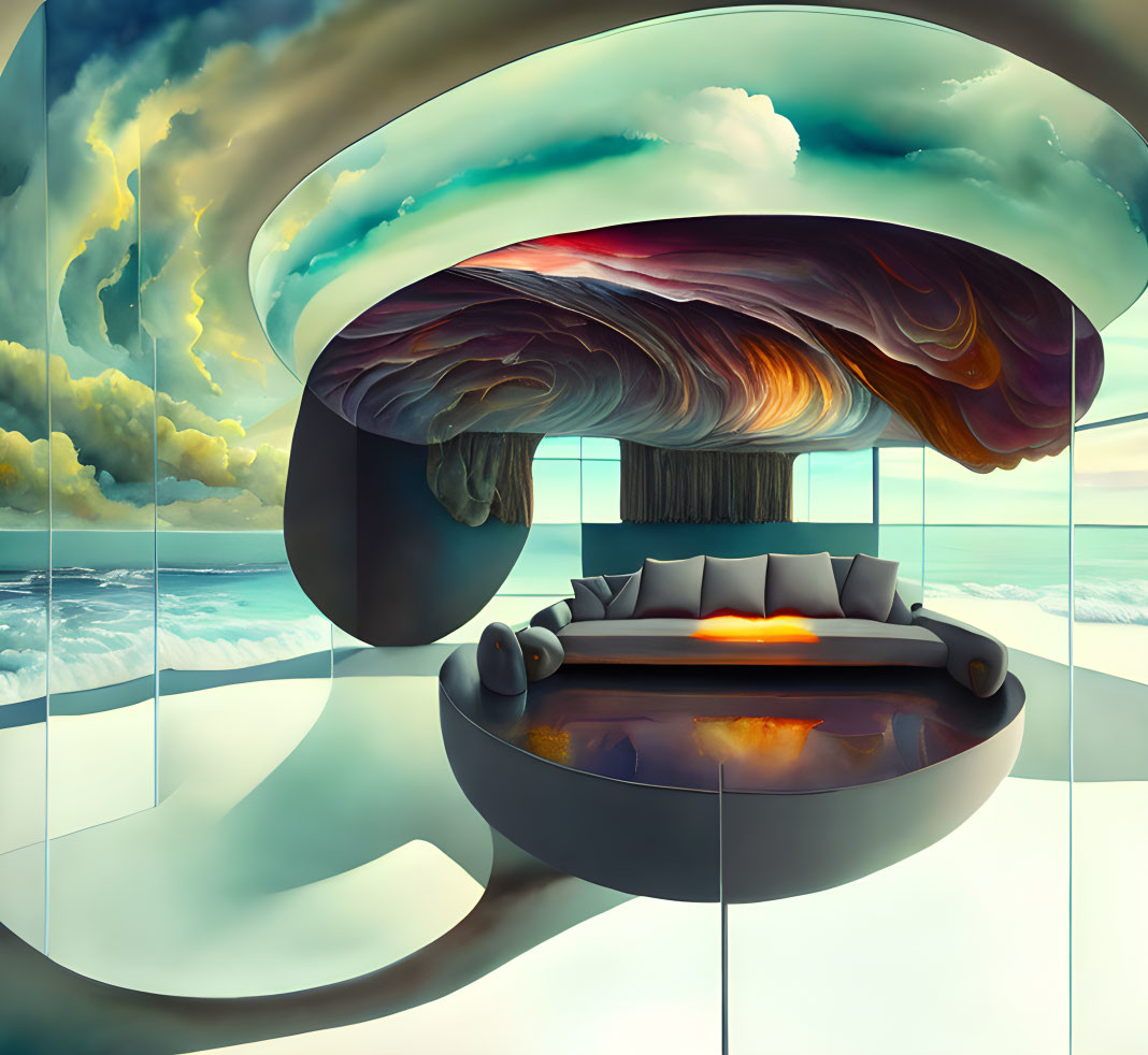 Surreal circular sofa under stormy sky ceiling with ocean views at sunrise or sunset