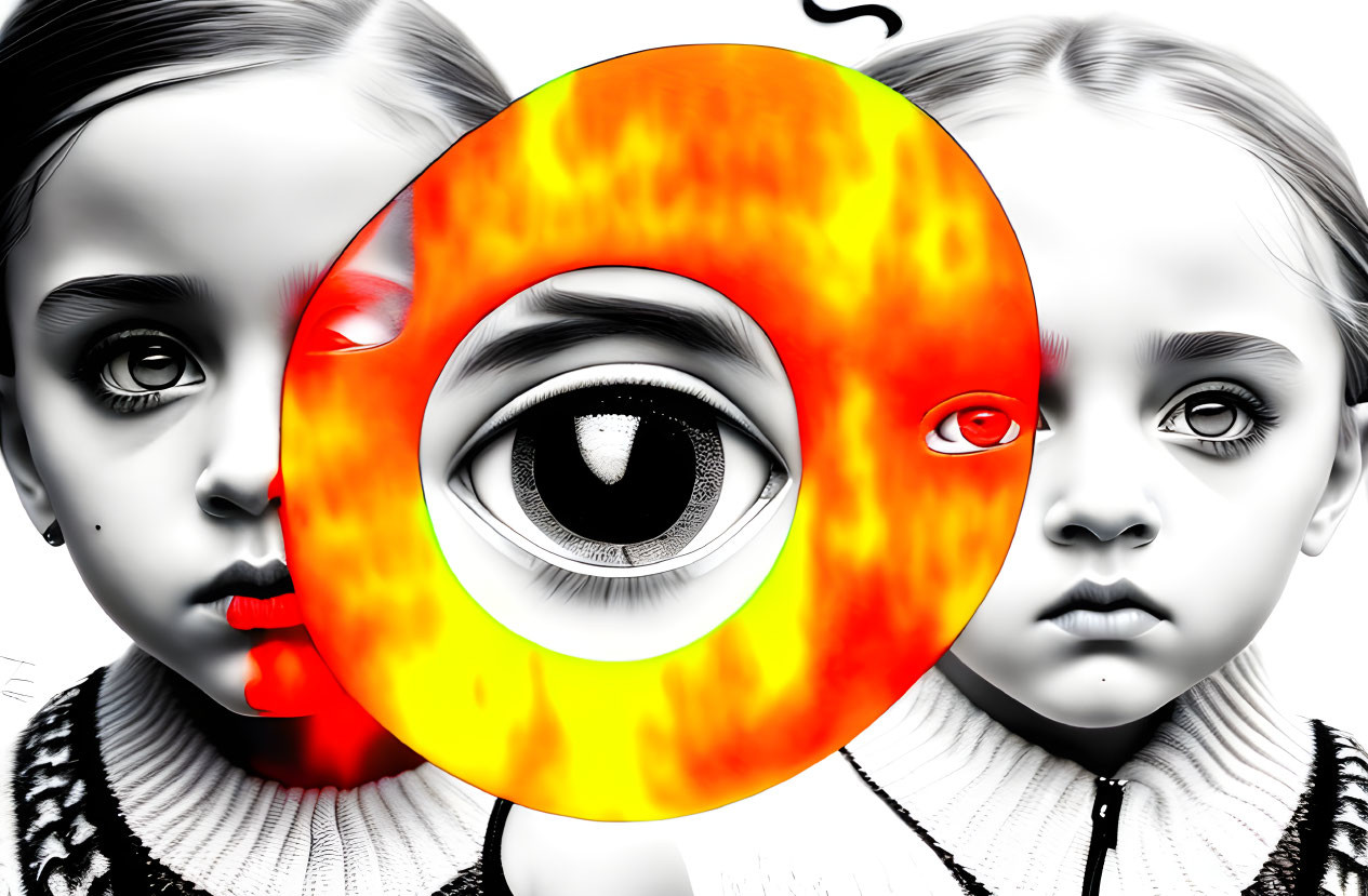 Surreal digital artwork of two faces merging with fiery eye