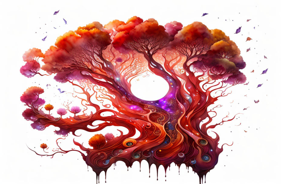 Colorful surreal tree with swirling cosmic branches and fiery foliage.