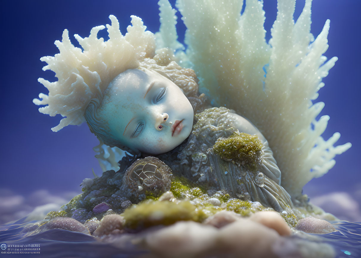 Surreal doll with serene expression in sea-inspired setting