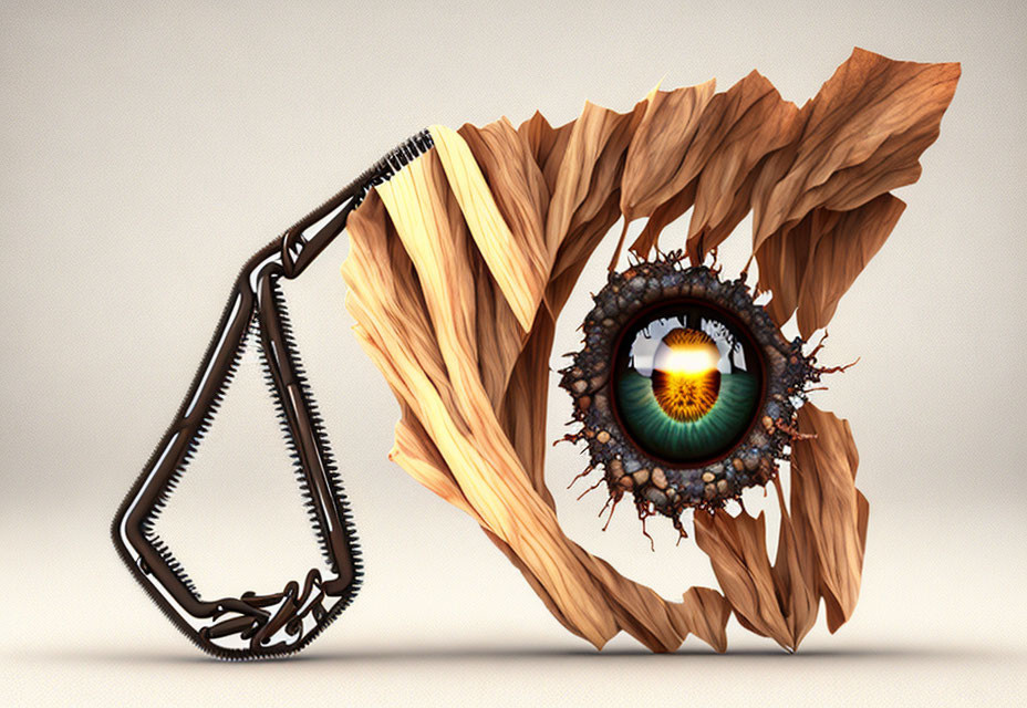 Surreal artwork: zipper opening wood to reveal realistic eye