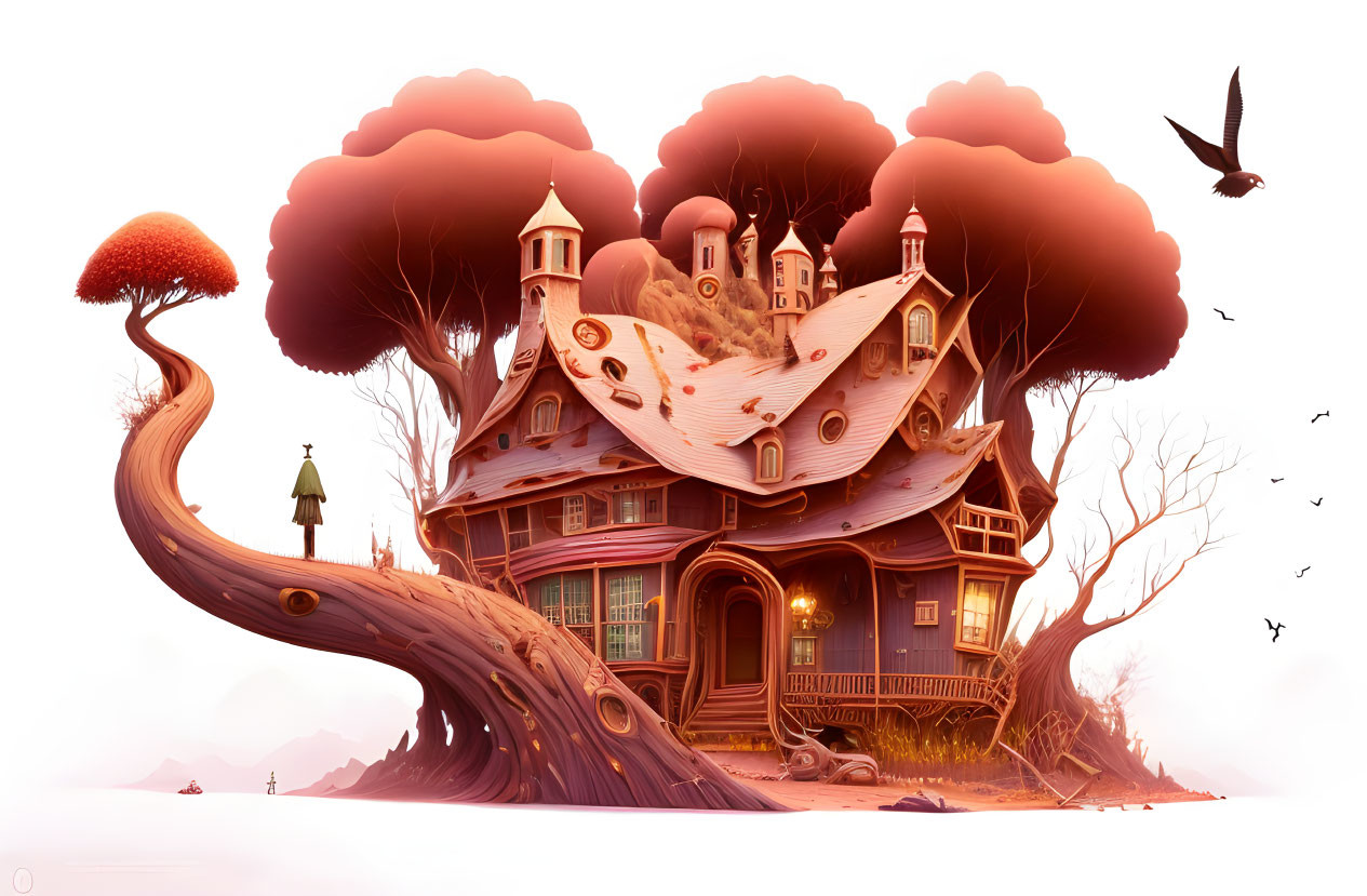 Whimsical house on giant tree branch with mushrooms and birds