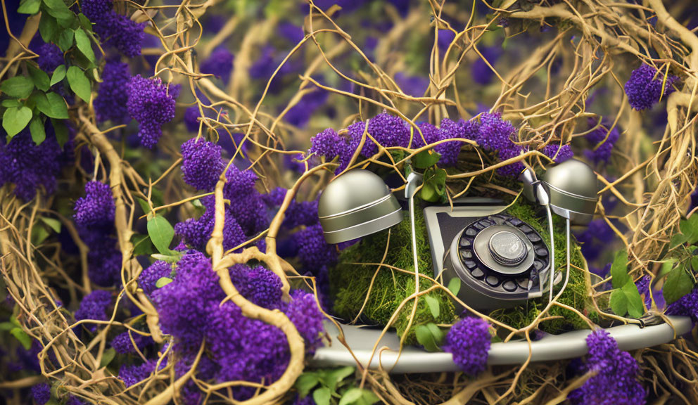 Vintage rotary phone with purple flowers and green foliage - a whimsical blend of technology and nature.