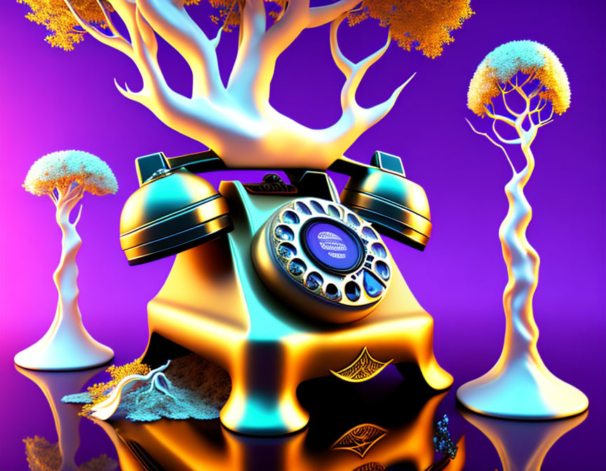 Surreal vintage rotary phone melting into reflective surface with stylized trees in vibrant purple and gold hues