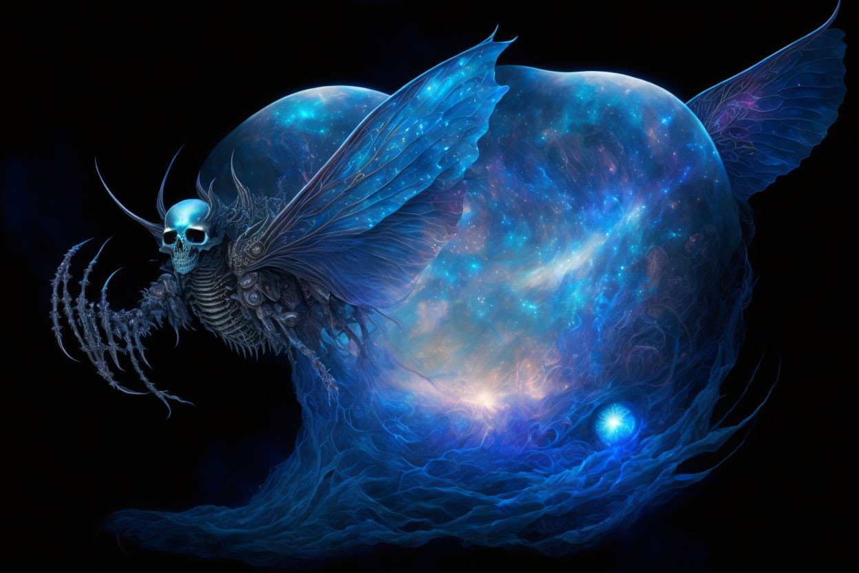 Surreal cosmic entity with butterfly wings and skeletal head in starry nebula.