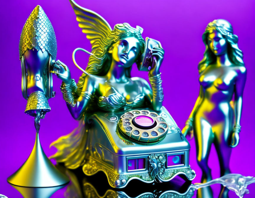 Metallic female figures and classic telephone on shiny purple backdrop