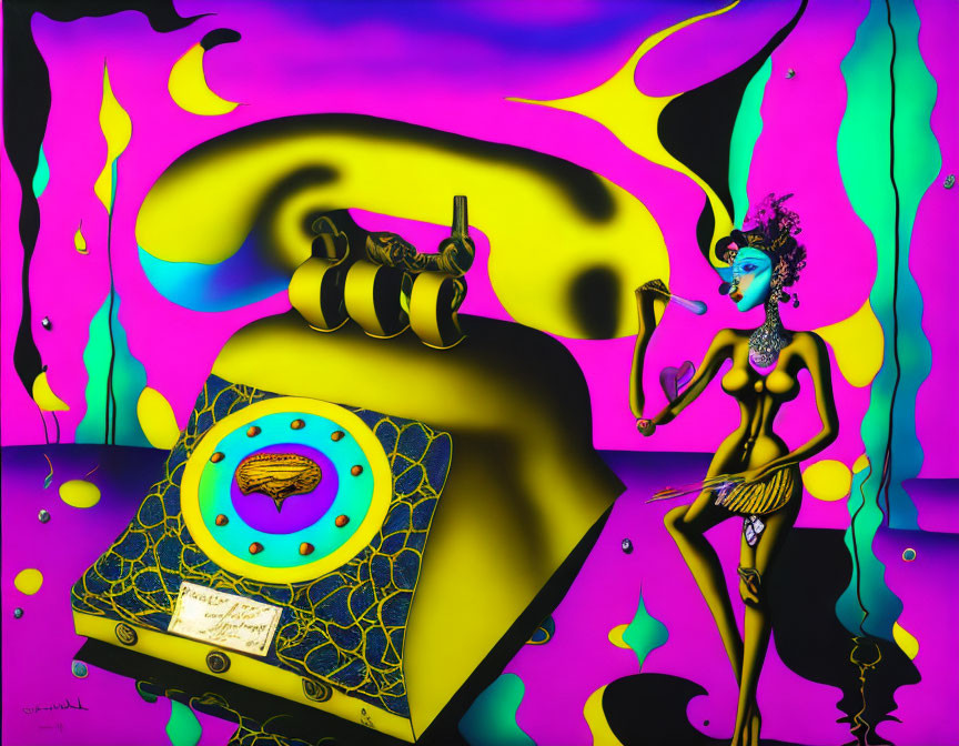 Surrealist artwork: Blue-skinned woman and melting yellow telephone