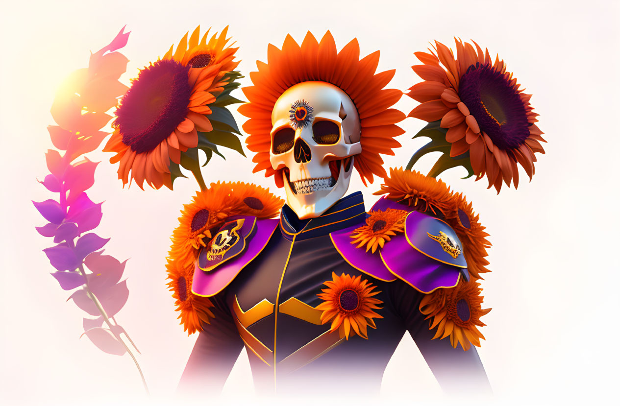 Person with skull face in Day of the Dead style, purple and orange jacket, sunflower motifs.