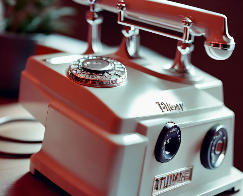 Vintage Rotary Telephone with White Base and Red Handset on Desk