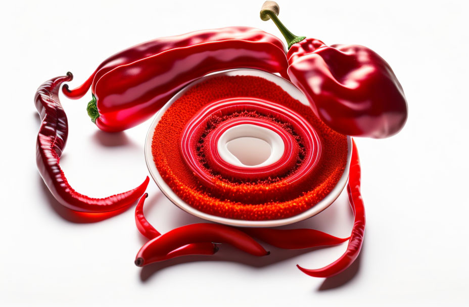 Surreal composition: red chili peppers around circular, layered structure.