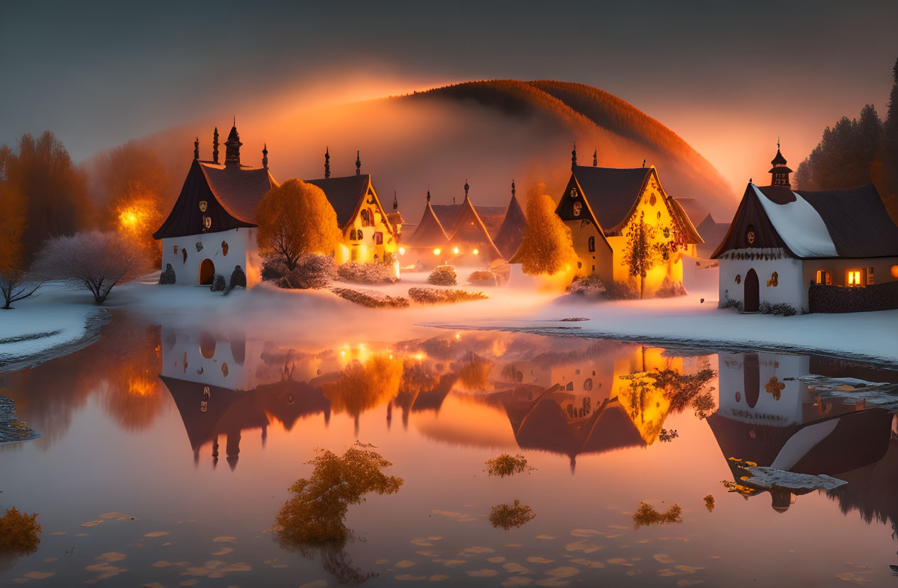 Tranquil twilight scene with traditional buildings reflected on a misty lake