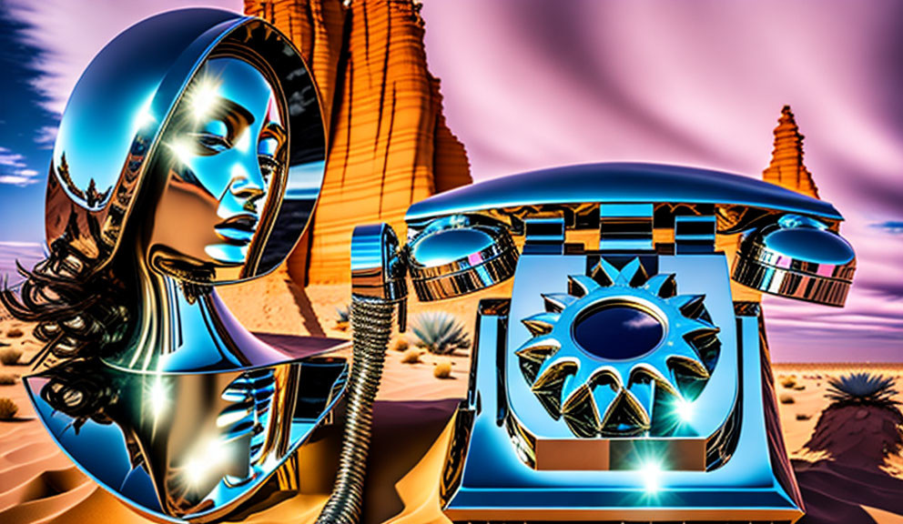 Metallic female face and vintage telephone in surreal desert landscape