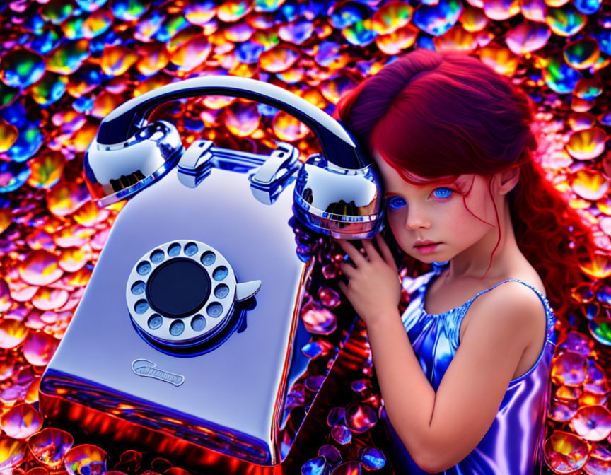 Digital Artwork: Young Girl with Red Hair Holding Vintage Telephone