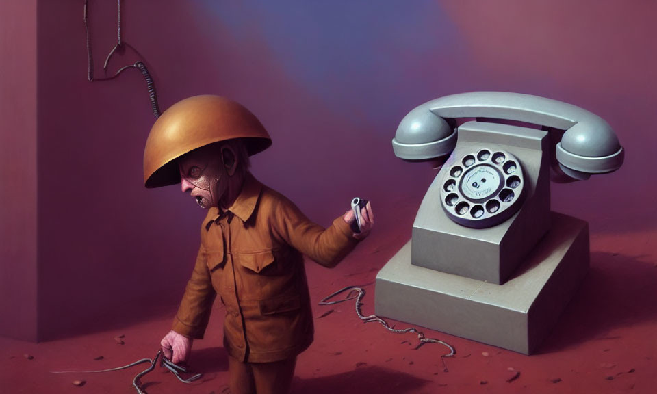 Colorful surreal illustration of person with oversized helmet and telephone speaking