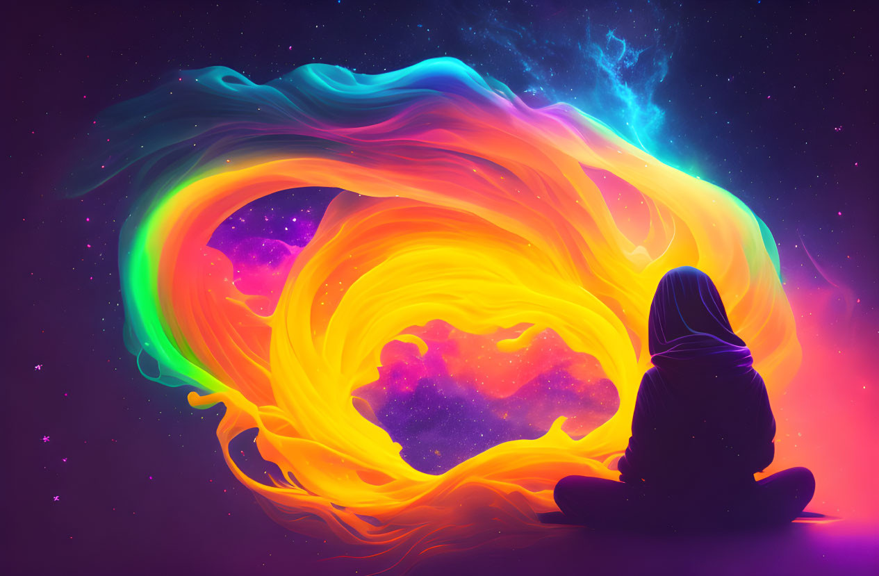 Figure Contemplating Vibrant Neon Swirl in Cosmic Setting