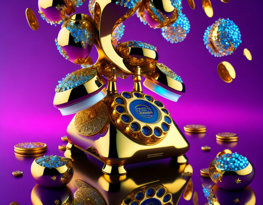 Vintage Phone with Golden Finish and Blue Gemstones on Opulent Purple Background