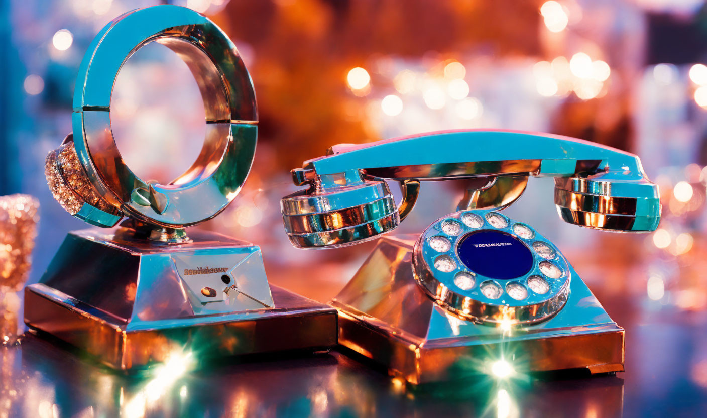 Vintage Turquoise Telephone with Crystal Bedazzling on Colorful Bokeh Background