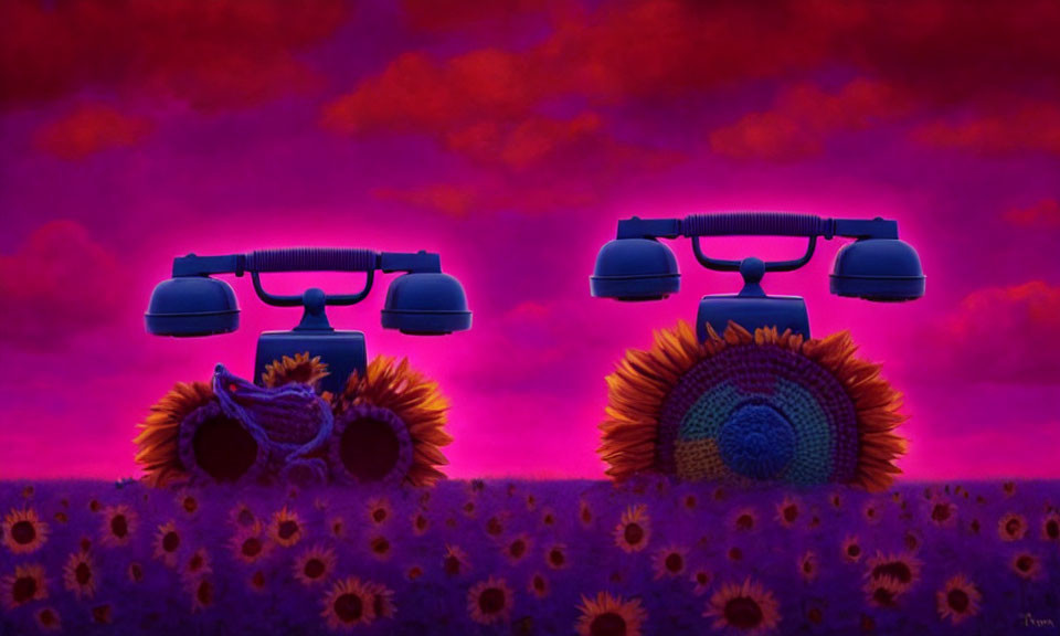 Vintage Flower-Shaped Telephones on Stems in Purple Sky