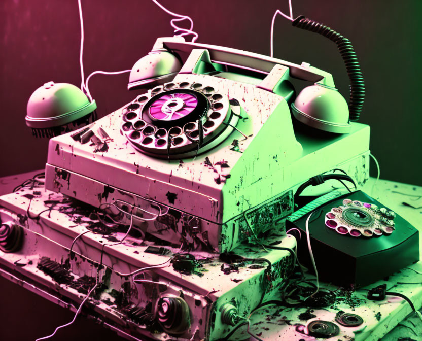 Vintage rotary dial telephone with splattered paint on tangled cords, against purple and green backdrop