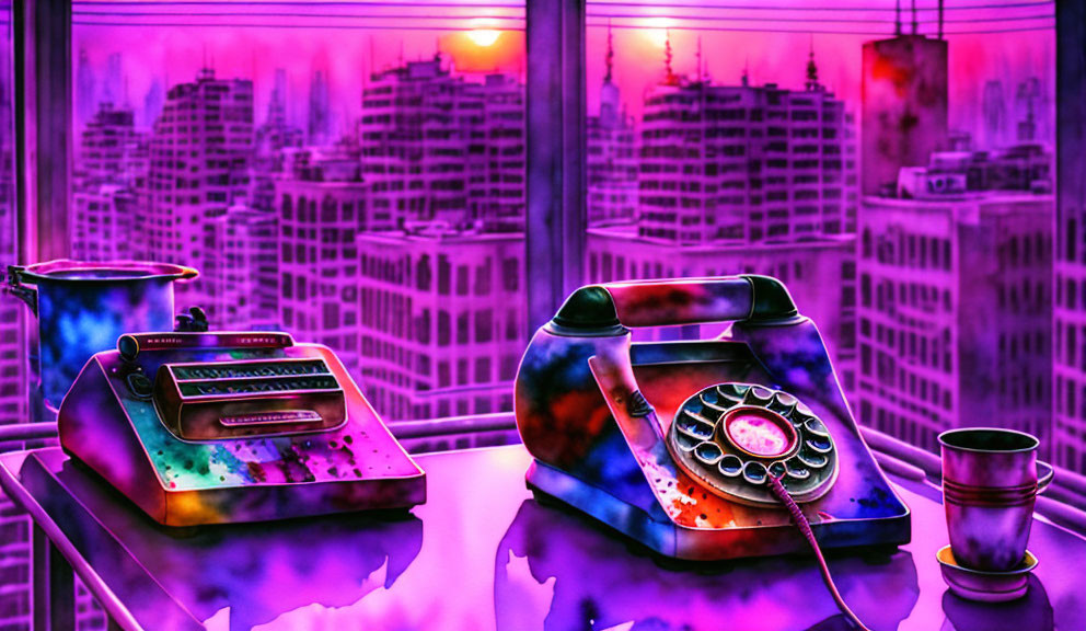 Neon-lit retro phone and cash register on cityscape backdrop