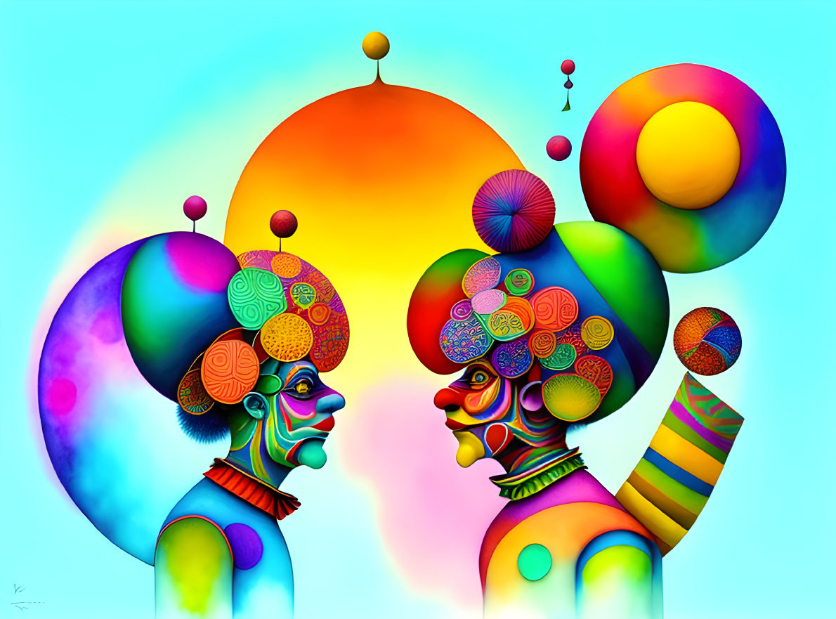 Vibrant surreal digital art: two figures with patterned headpieces on pastel backdrop