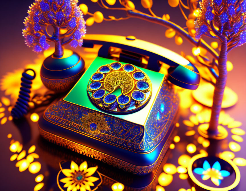 Vintage rotary phone with intricate patterns among glowing, fantastical trees