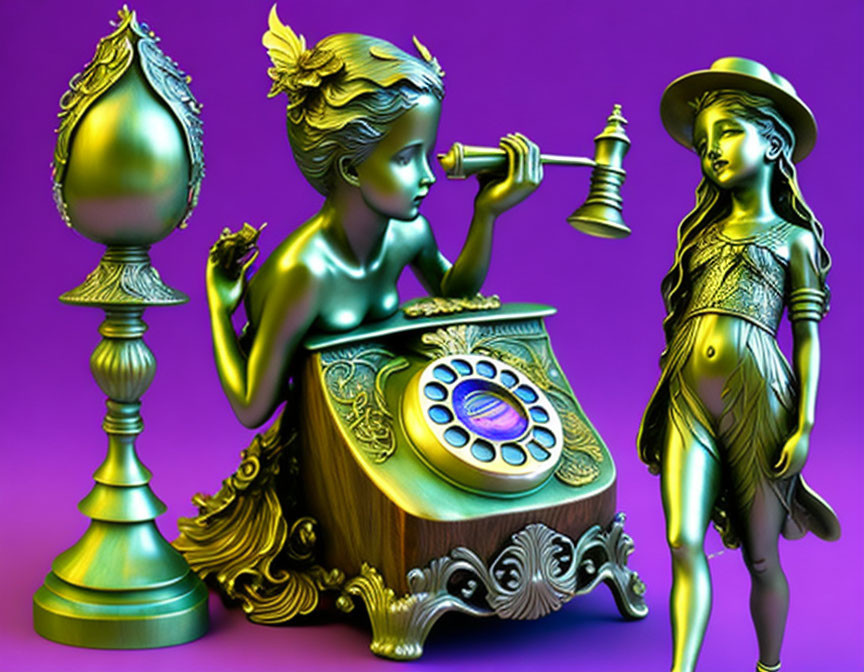 Vibrant artwork of vintage-style statues: girl with rotary phone and girl in hat