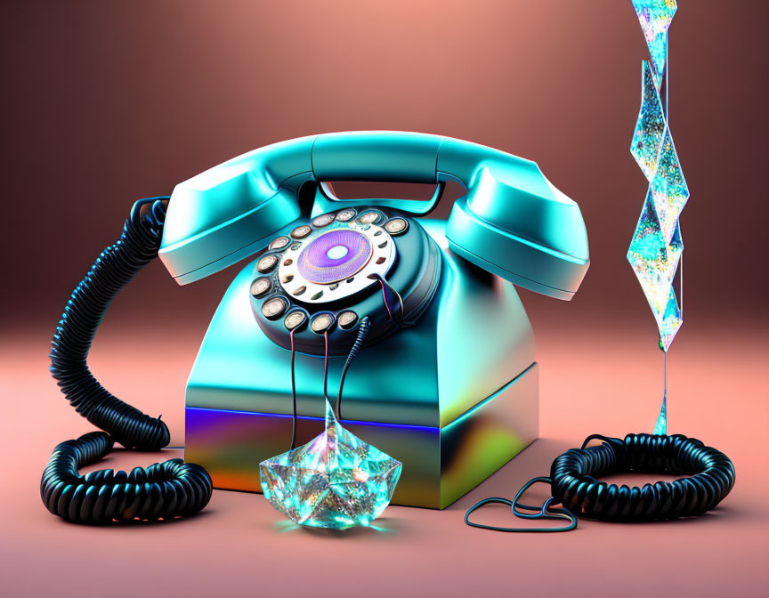 Vintage rotary phone with holographic finish and crystal emitting bright light on warm background