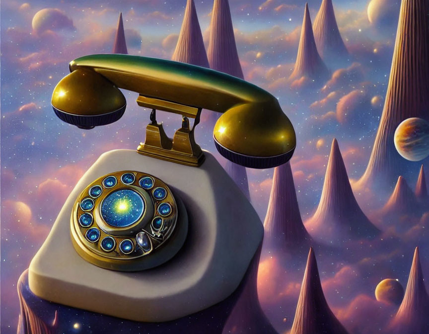 Surreal painting: vintage telephone with galaxy-filled dial pad in fantasy landscape