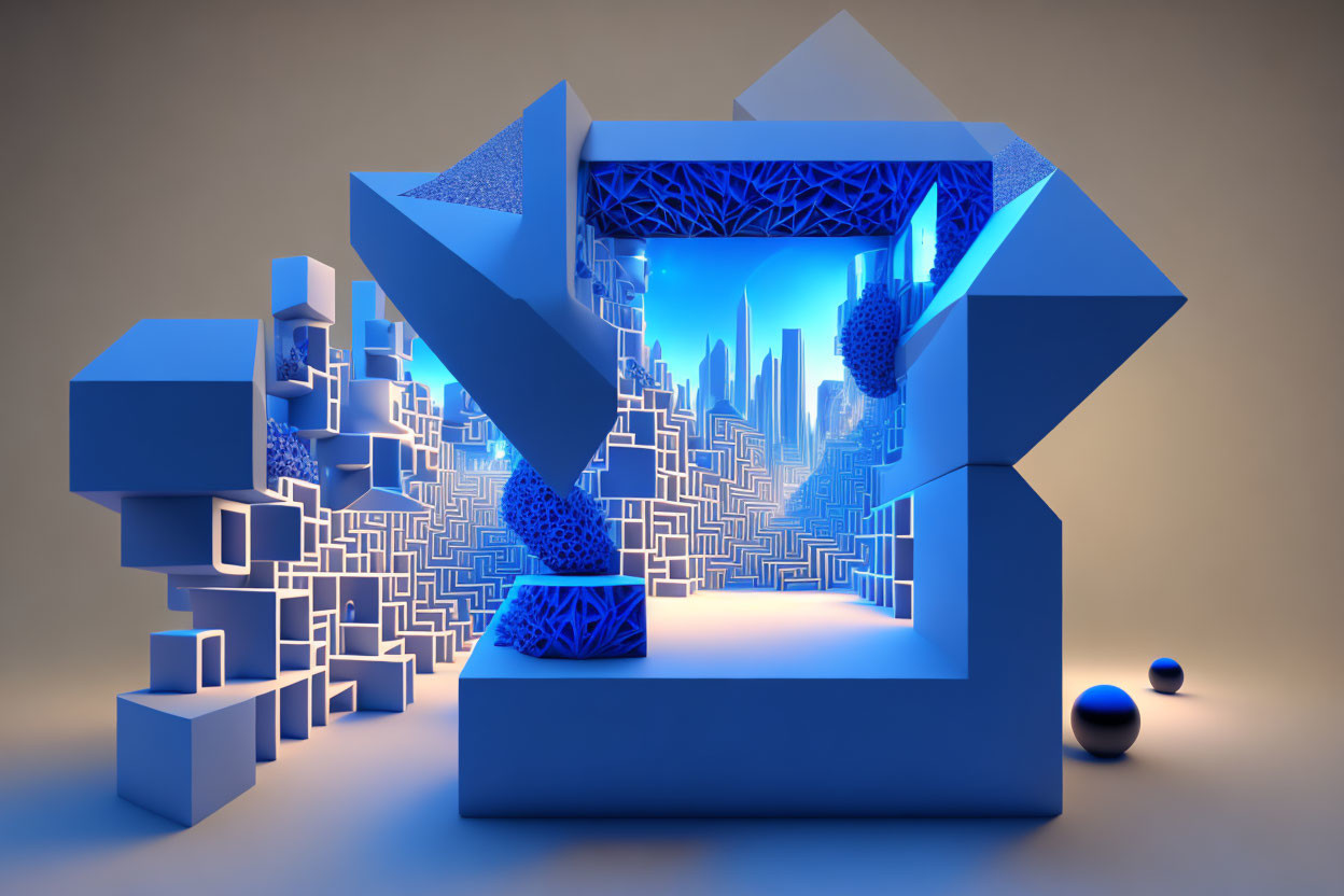 Geometric 3D Composition with Maze Structure and Blue Cityscape Core