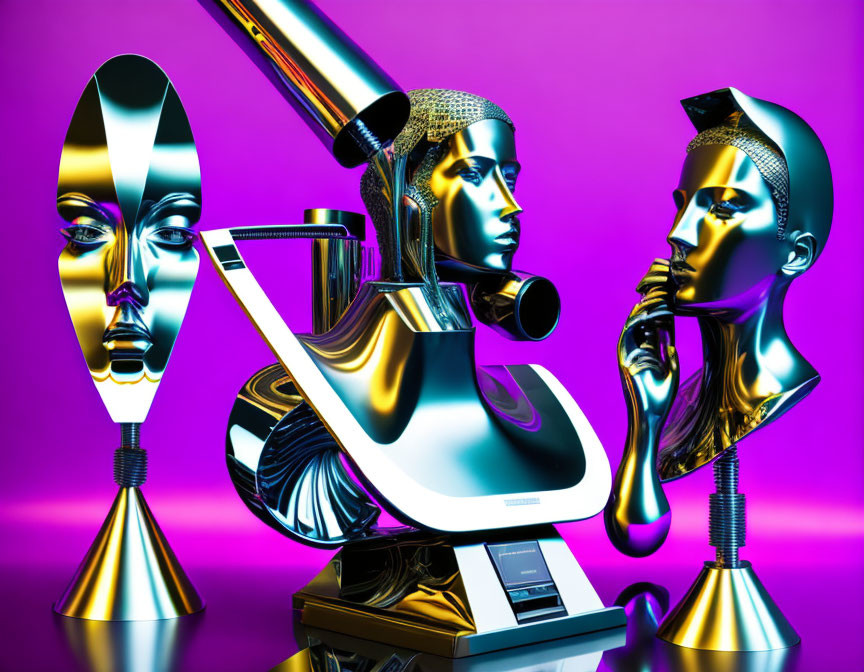 Metallic mannequin heads and microscope on purple background