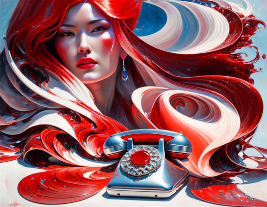 Digital artwork of woman with red hair and rotary phone on blue background