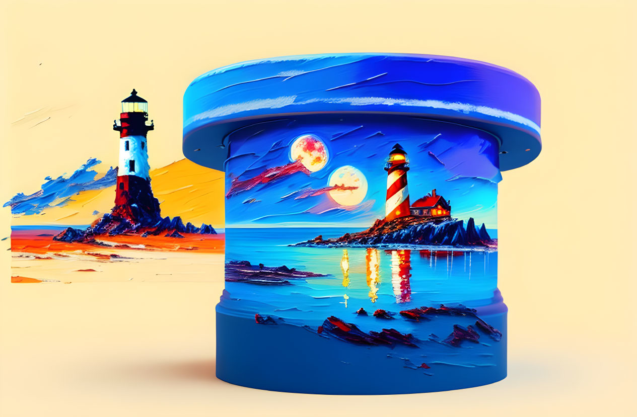 Vibrant digital lighthouse scene on cylindrical canvas