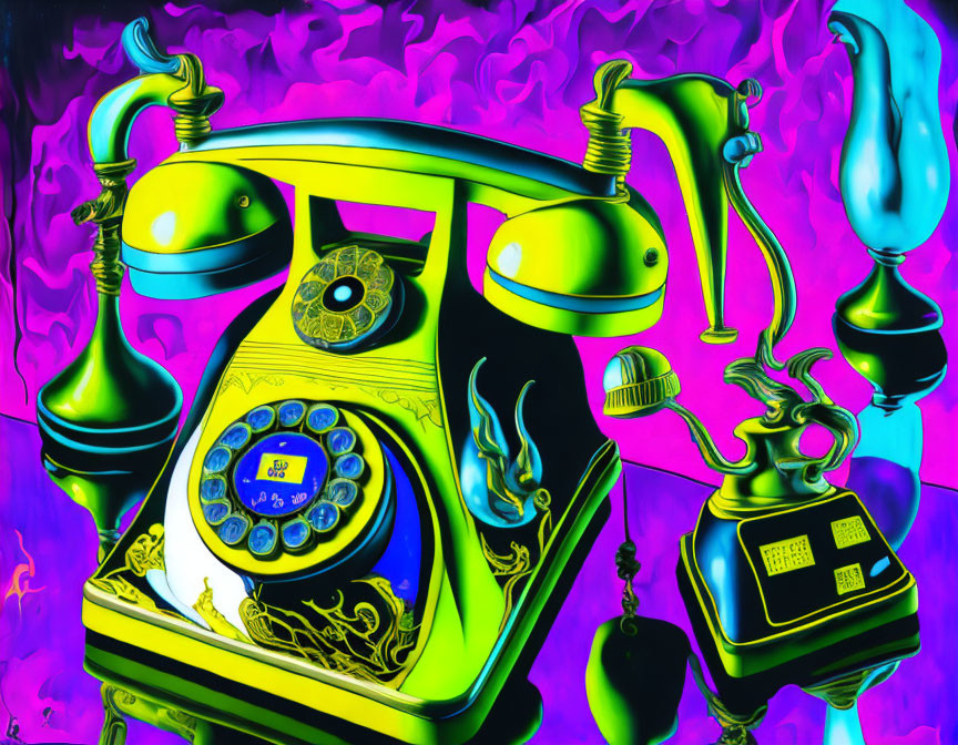 Colorful vintage telephone illustration with psychedelic swirls and neon contrasts