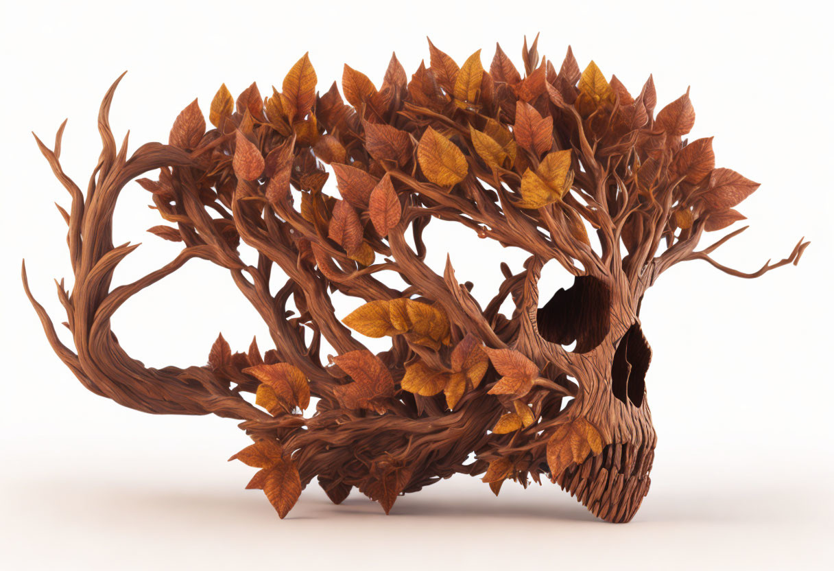 Wooden Skull Sculpture with Branch Horns and Autumn Leaves Integration