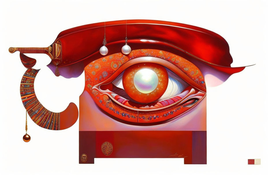 Surreal artwork of stylized eye with red and gold jewelry elements