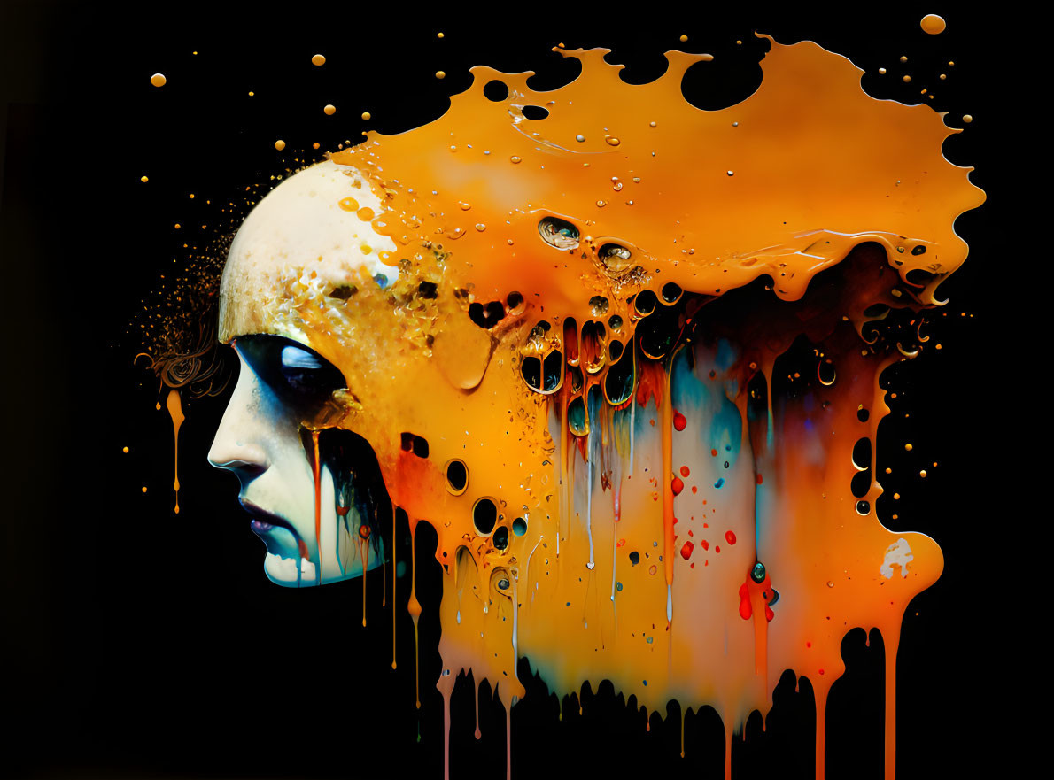 Vibrant surreal portrait with head dissolving into flowing paint