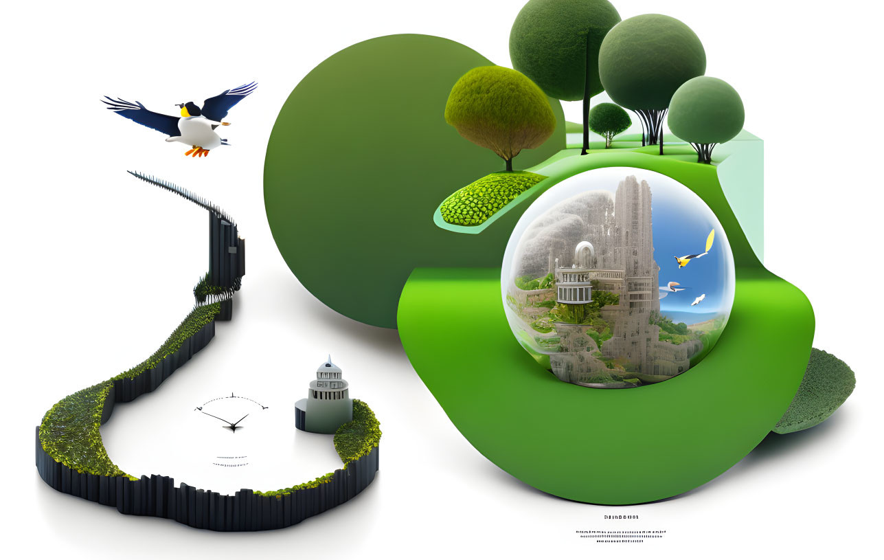 Surreal landscape with roads, green sphere city, trees, grass, lighthouse, birds