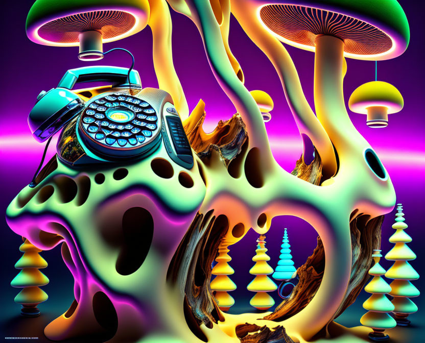 Colorful psychedelic artwork: mushroom shapes, rotary phone, abstract objects on purple backdrop